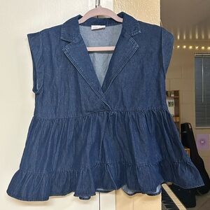 Pink Lily Denim Ruffle Blouse